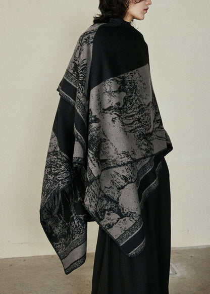 Organic Black V Neck Print Cotton Knit Shawl Coats Fal