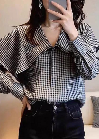 Organic Black White Plaid Peter Pan Collar Shirts Spring