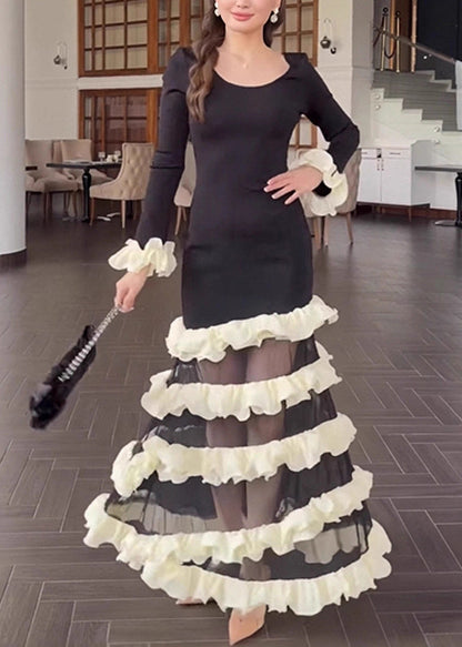Organic Black White Striped O-neck Ruffled Knit Patchwork Tulle Long Dress Spring