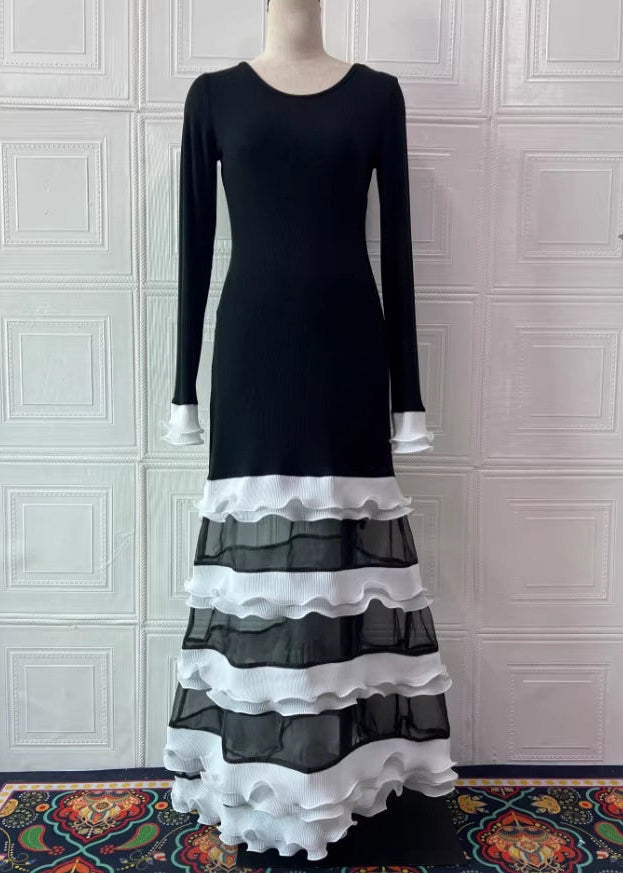 Organic Black White Striped O-neck Ruffled Knit Patchwork Tulle Long Dress Spring