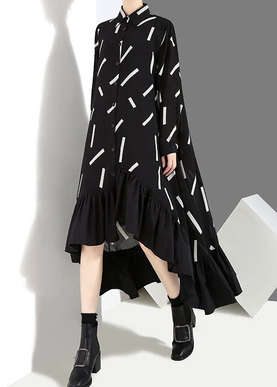 Organic Black Low High Design Peter Pan Collar Ruffles Print Shirt Dresses Spring