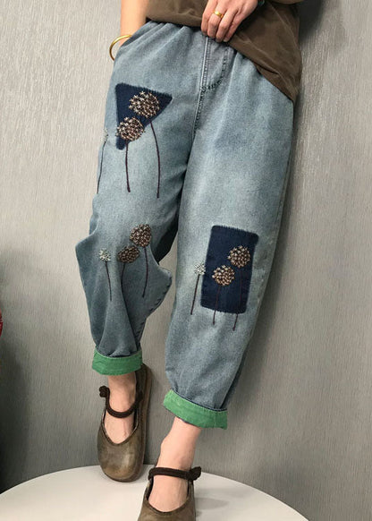Organic Blue Embroideried Harem Denim Pants Spring