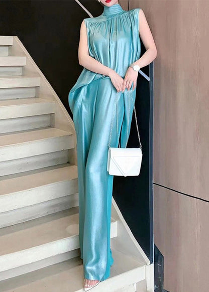 Organic Blue Hign Neck Tops and Pants Silk Two Pieces Set Sleeveless