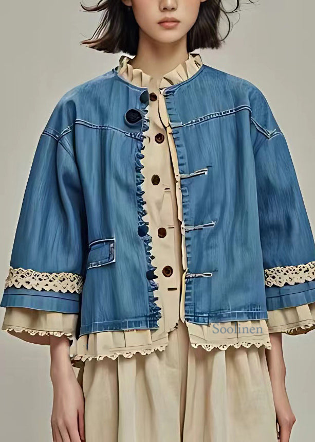 Organic Blue O-neck Pockets Coat Long Sleeve