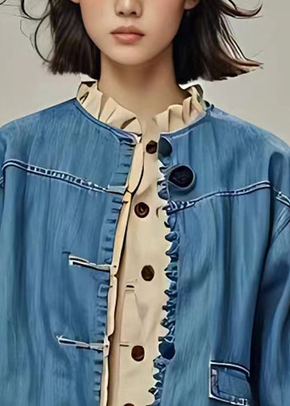 Organic Blue O-neck Pockets Coat Long Sleeve