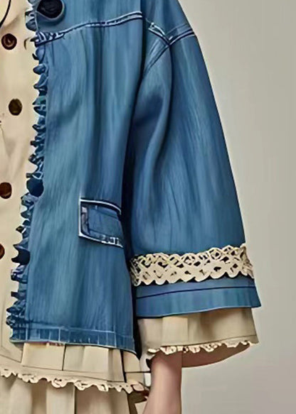 Organic Blue O-neck Pockets Coat Long Sleeve