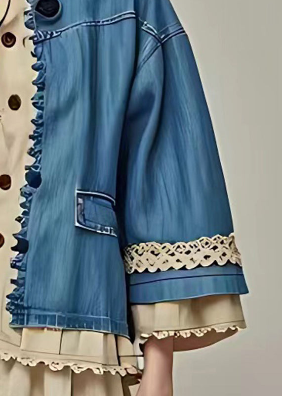 Organic Blue O-neck Pockets Coat Long Sleeve