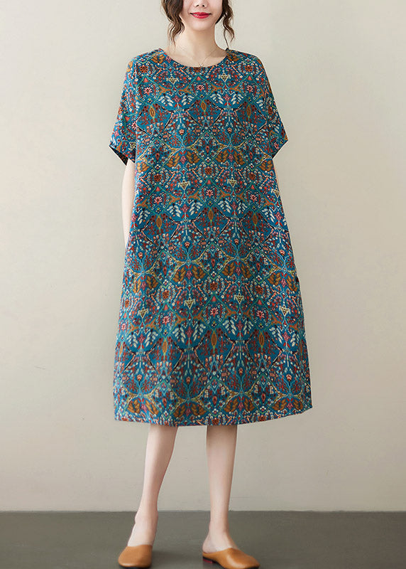 Organic Blue O-neck Print Cotton Maxi Dresses Summer