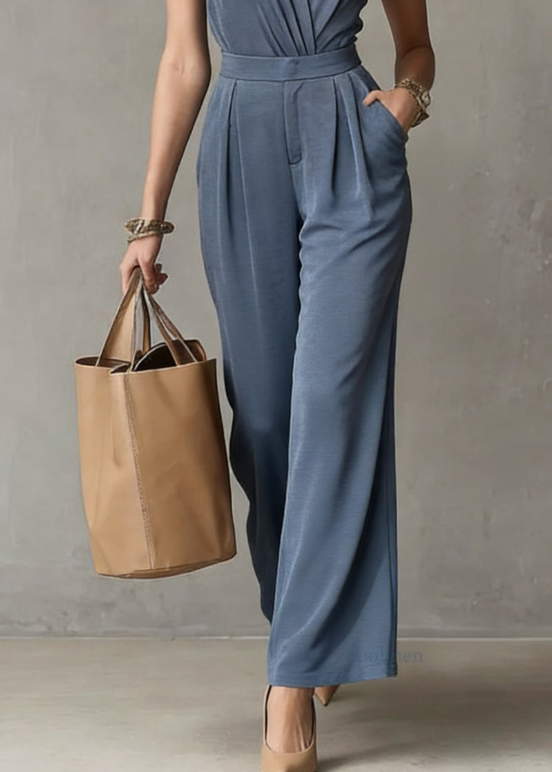 Organic Blue Patchwork Top and Wide Leg Pants Two Pieces Sets Sleeveless