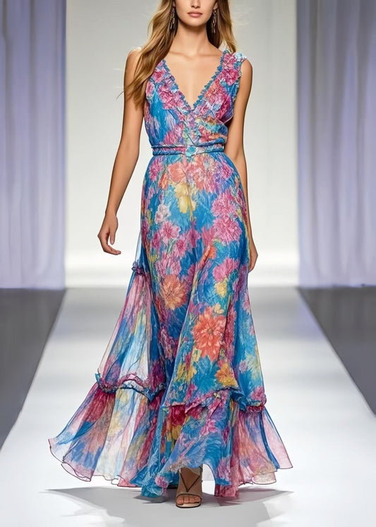 Organic Blue Print Chiffon Beach Sundresses Sleeveless