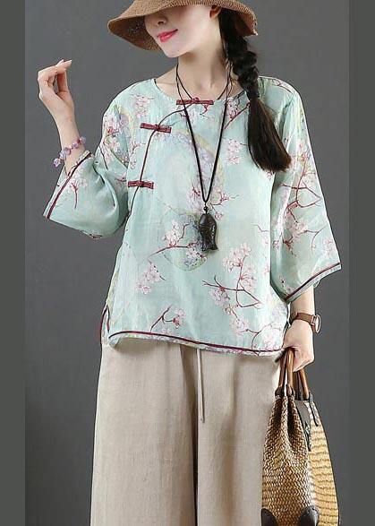 Organic Blue Print Linen Half Sleeve Top Summer