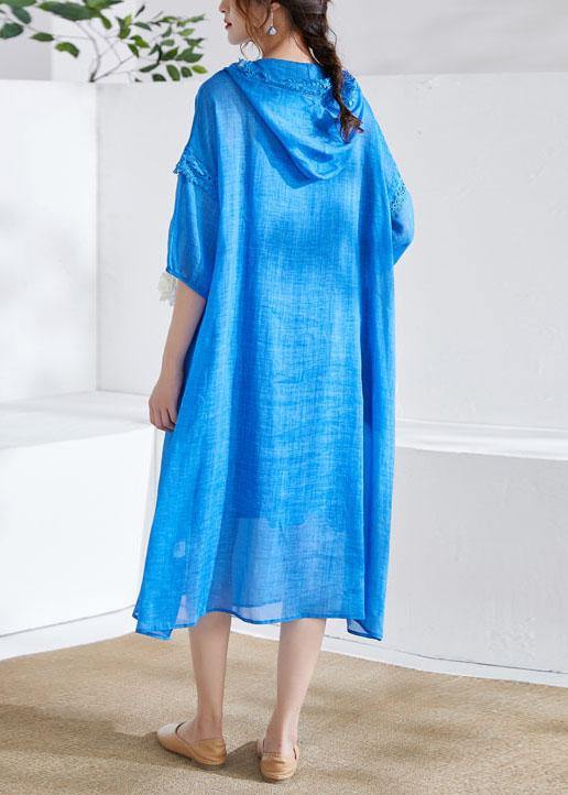 Organic Blue Ruffled Patchwork Summer Ramie Maxi Dresses Half Sleeve