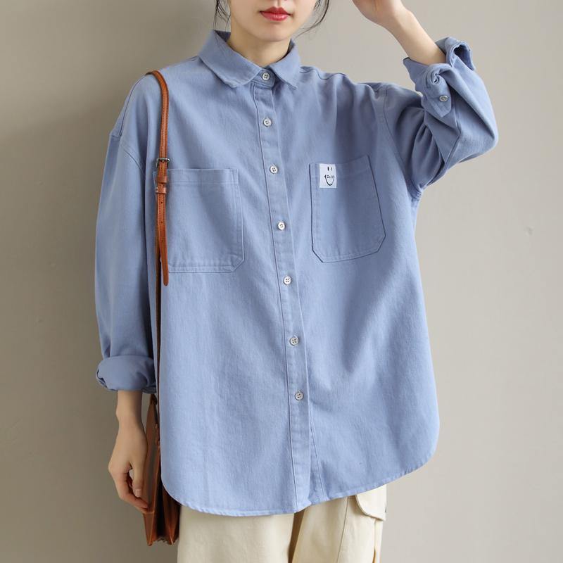 Organic Blue Smiling Face Top Lapel Button Down Midi Spring Shirts