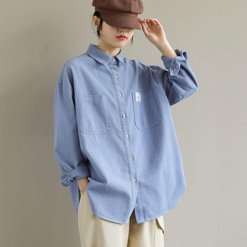 Organic Blue Smiling Face Top Lapel Button Down Midi Spring Shirts