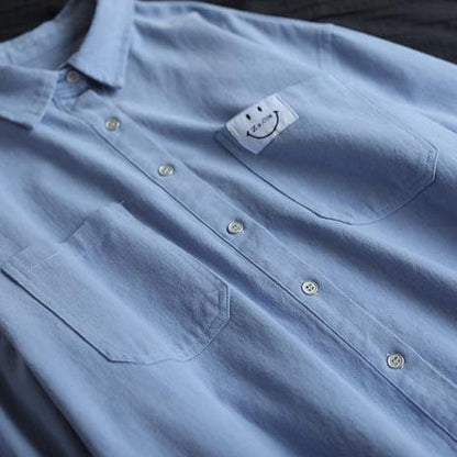Organic Blue Smiling Face Top Lapel Button Down Midi Spring Shirts