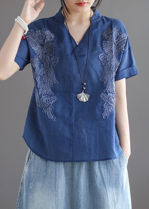 Organic Blue V Neck Embroideried Low High Design Shirts Summer