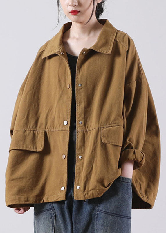 Organic Brown Peter Pan Collar Button Patchwork Fall Coat Long Sleeve