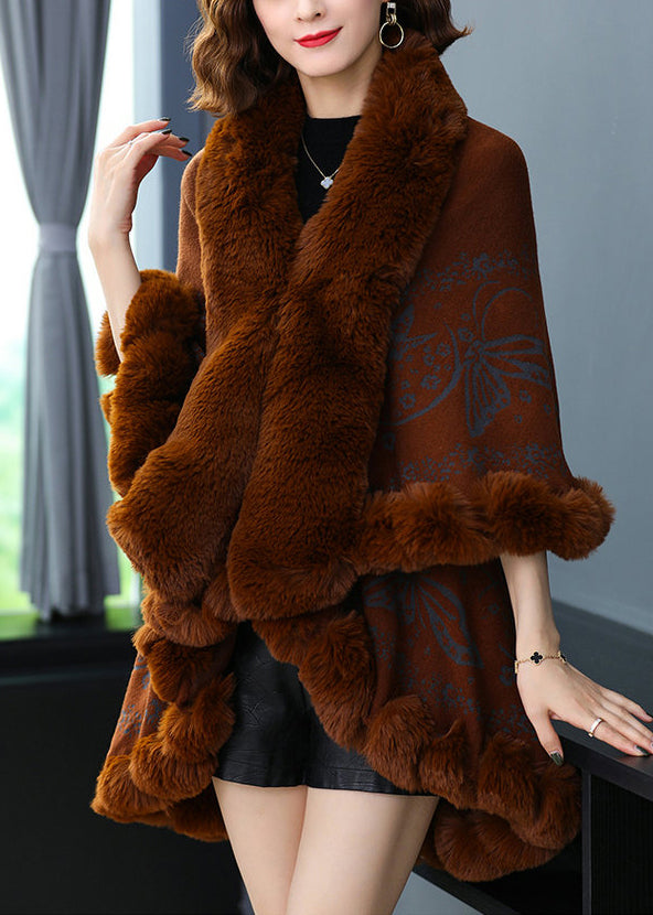 Organic Caramel V Neck Print Low High Design Patchwork Woolencoats Fall