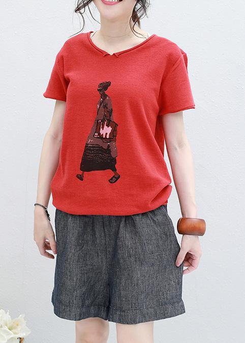 Organic Cartoon Print V Neck Cotton Long Shirts Red Silhouette Summer Shirt