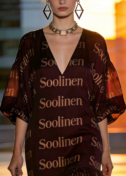 Organic Chocolate V Neck Print Chiffon Maxi Dresses Summer