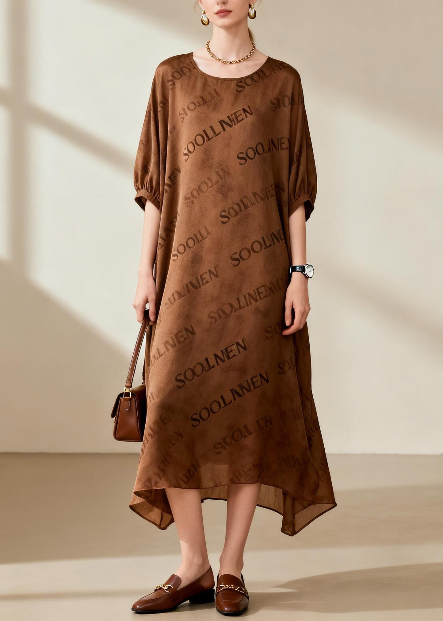 Organic Coffee O-neck Silk Maxi Dresses Summer
