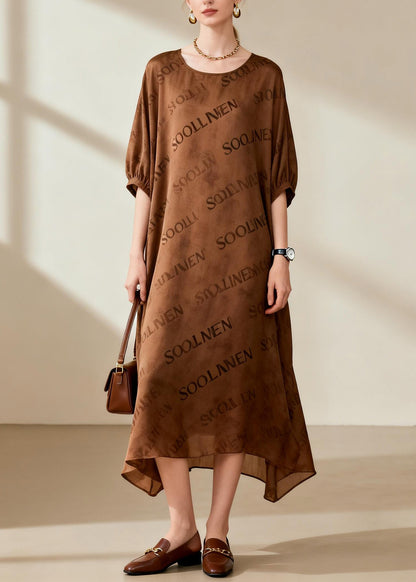 Organic Coffee O-neck Silk Maxi Dresses Summer