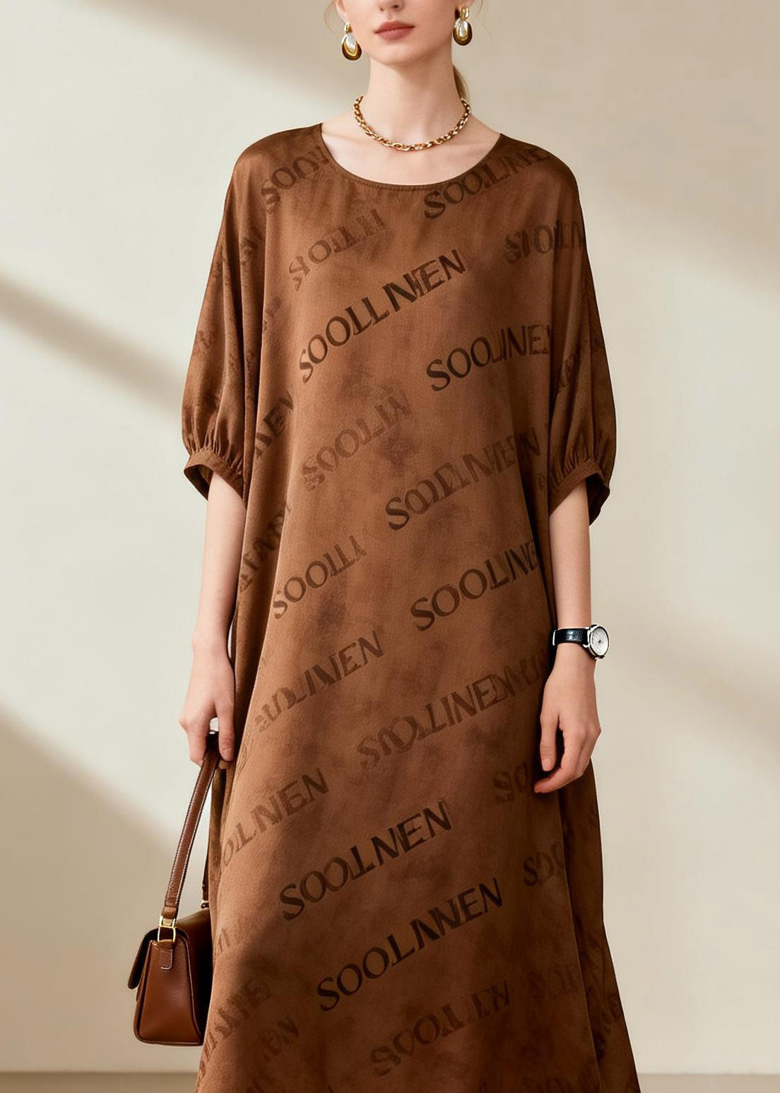 Organic Coffee O-neck Silk Maxi Dresses Summer