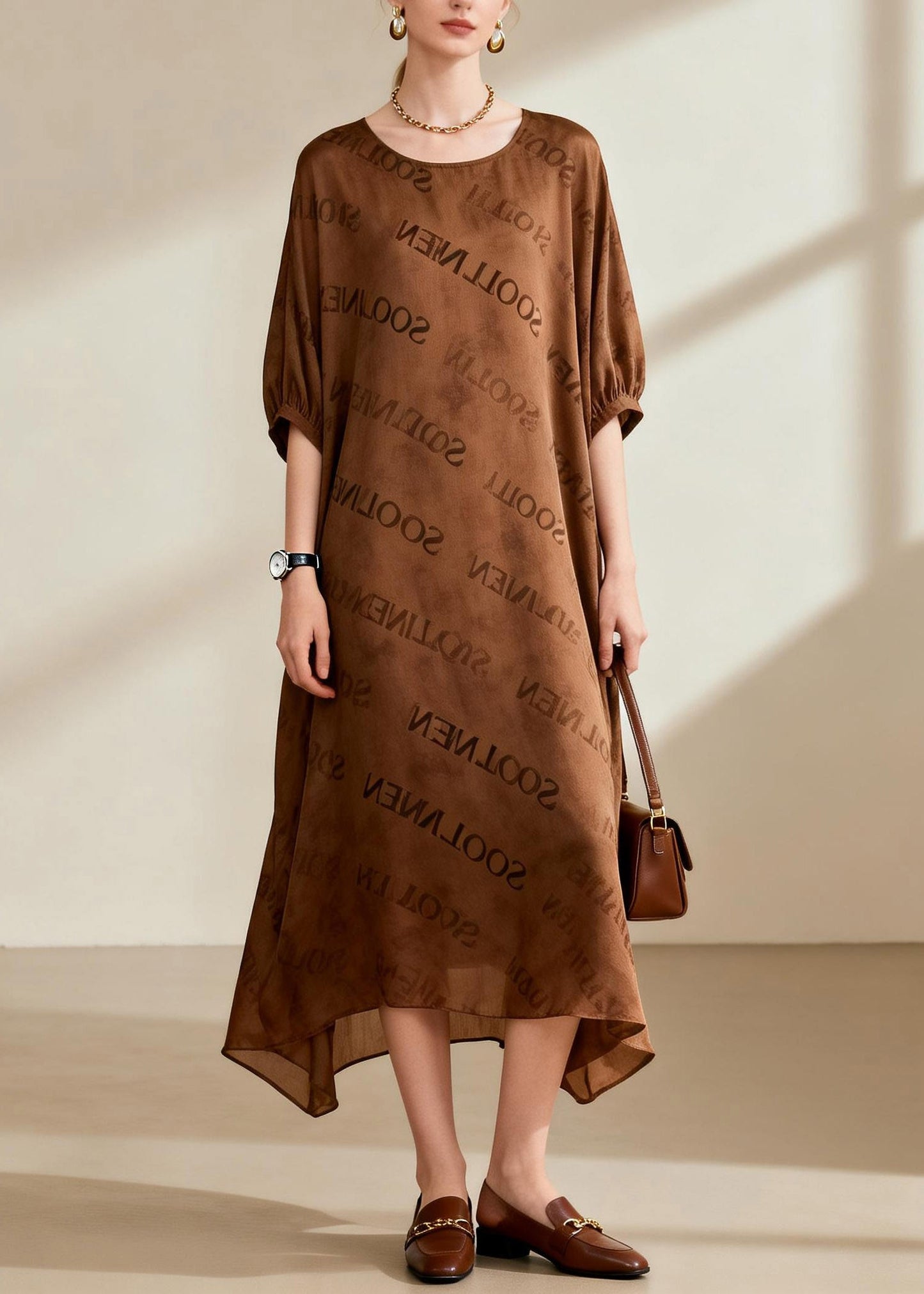 Organic Coffee O-neck Silk Maxi Dresses Summer
