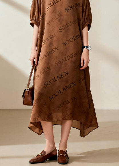 Organic Coffee O-neck Silk Maxi Dresses Summer
