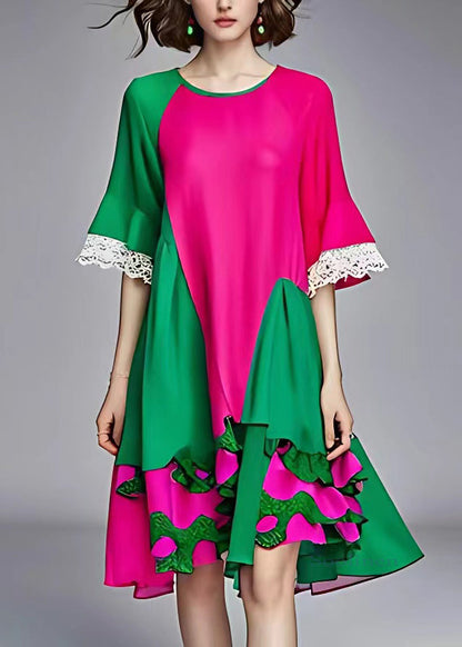 Organic Colorblock O-neck Hollow Out Patchwork Chiffon Long Dress Half Sleeve