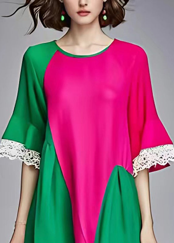 Organic Colorblock O-neck Hollow Out Patchwork Chiffon Long Dress Half Sleeve