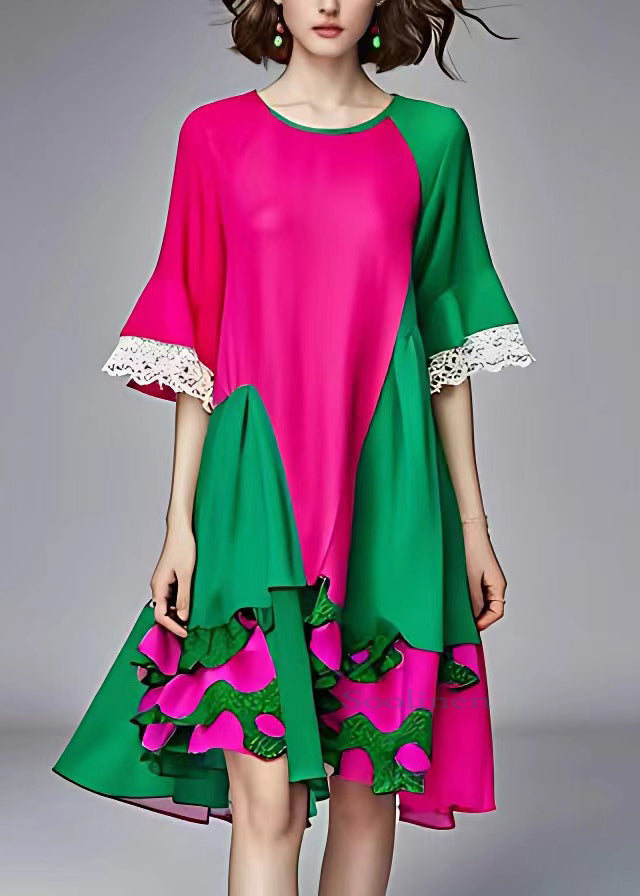 Organic Colorblock O-neck Hollow Out Patchwork Chiffon Long Dress Half Sleeve