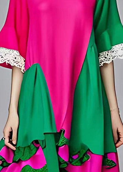 Organic Colorblock O-neck Hollow Out Patchwork Chiffon Long Dress Half Sleeve