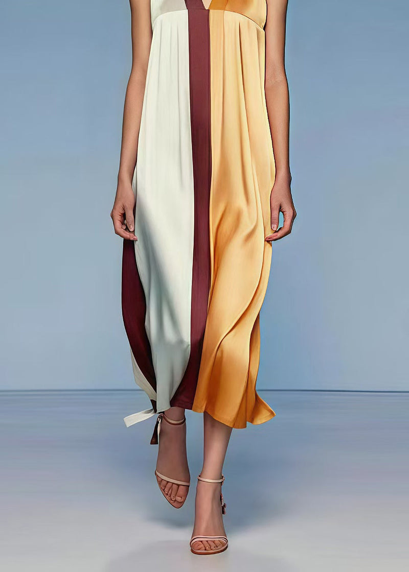Organic Colorblock V Neck Patchwork Silk Vacation Halter Dresses Summer