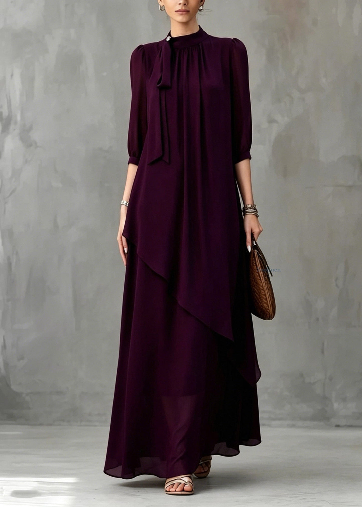 Organic Dark Purple Stand Collar Maxi Dress Half Sleeve