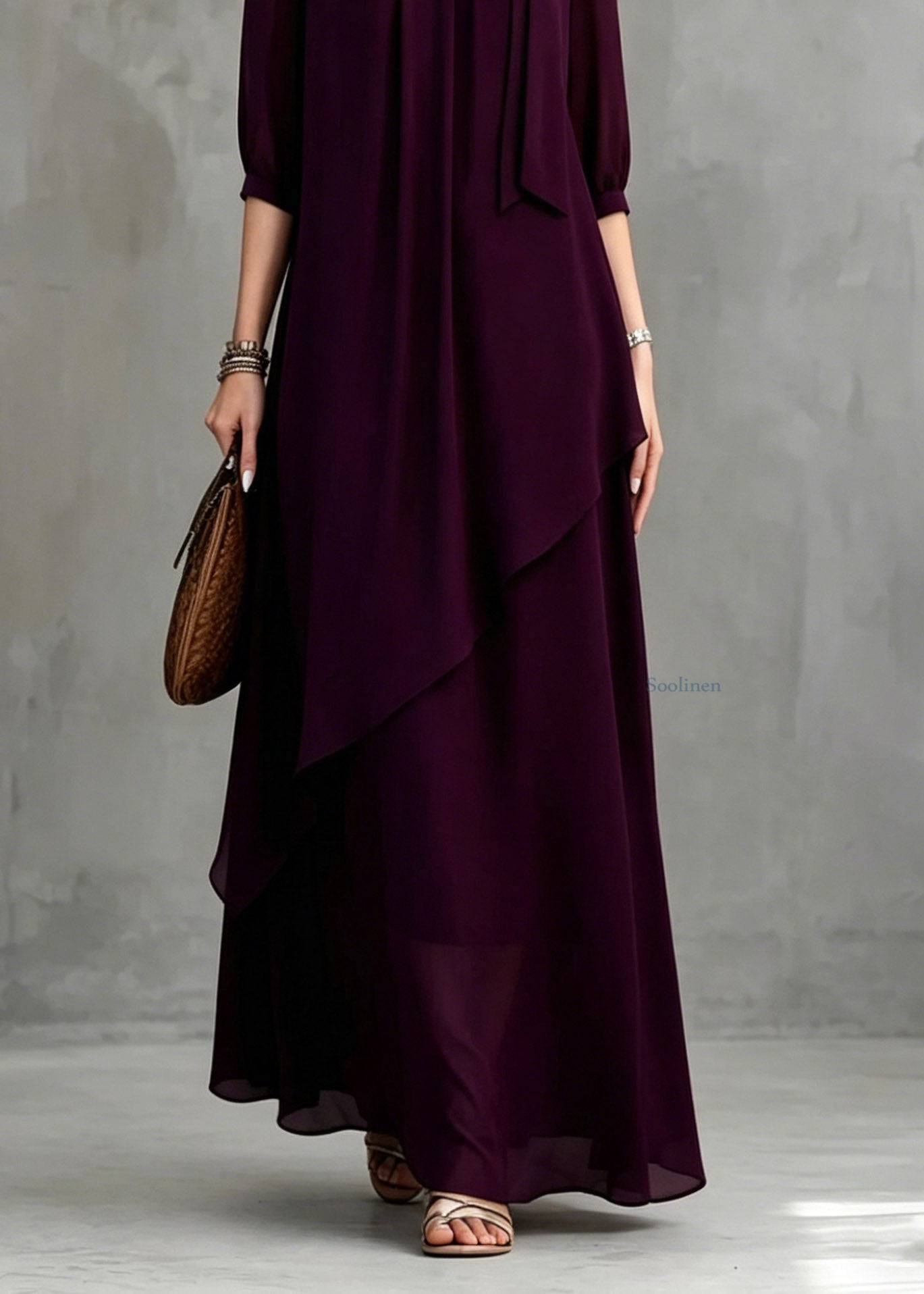 Organic Dark Purple Stand Collar Maxi Dress Half Sleeve