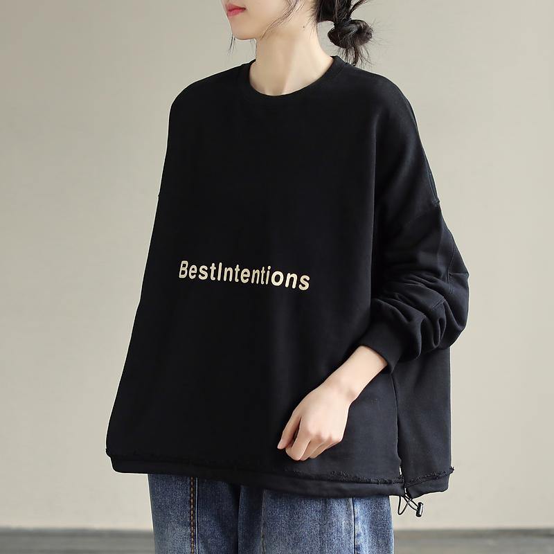 Organic Drawstring Cotton Alphabet Prints Top Silhouette Sleeve Black Sweatshirt