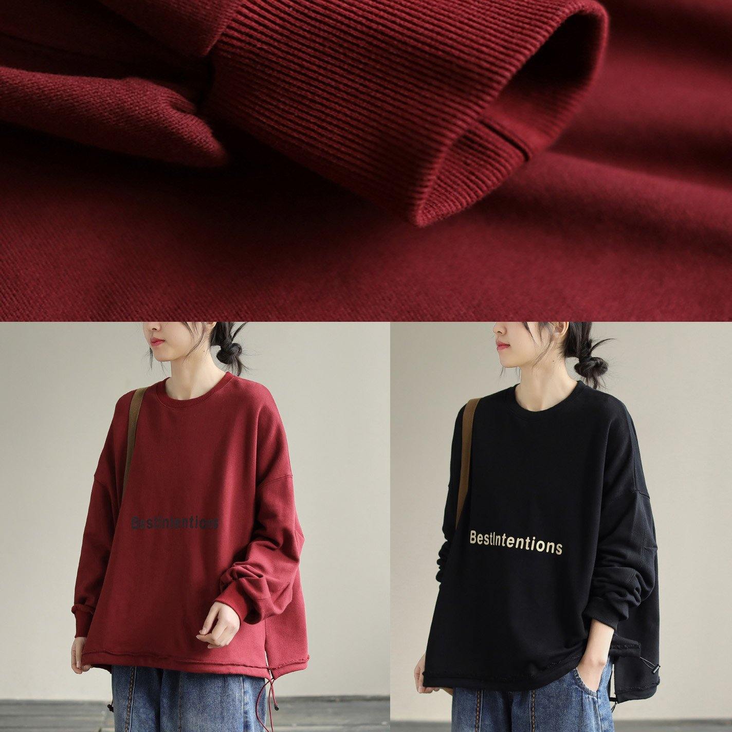 Organic Drawstring cotton Alphabet Prints Top Silhouette Sleeve Black Sweatshirt