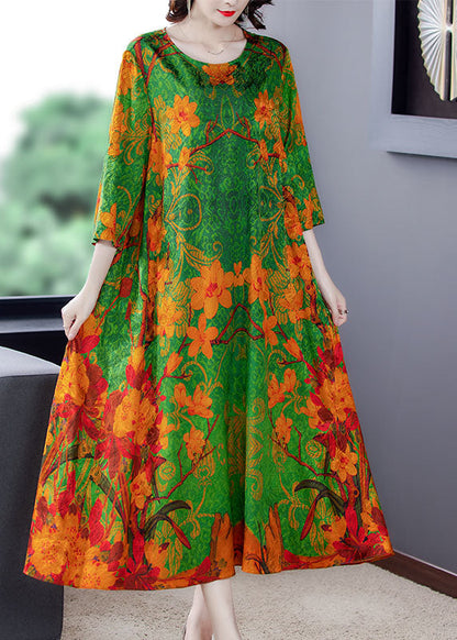 Organic Green O-neck Print Long Dresses Spring
