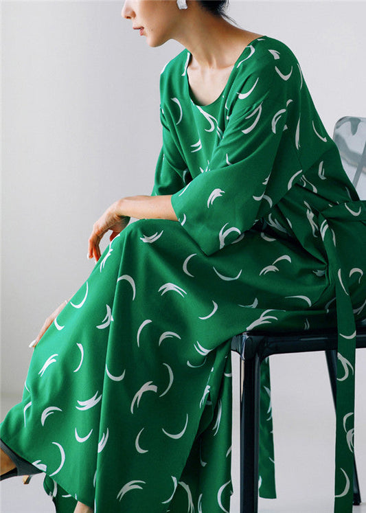 Organic Green O-neck Print Silk Maxi Dress Long Sleeve