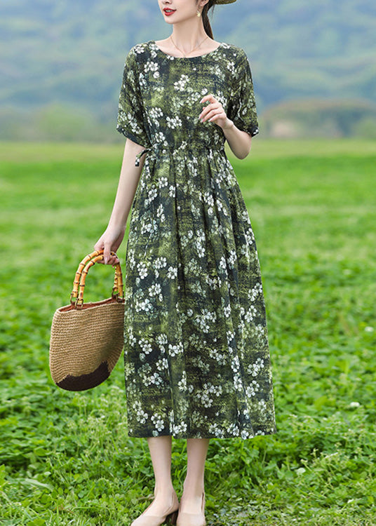 Organic Green O-neck Print Slim Tie Waist Linen Maxi Dresses Short Sleeve