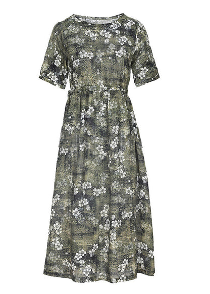 Organic Green O-neck Print Slim Tie Waist Linen Maxi Dresses Short Sleeve