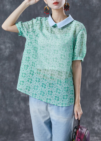 Organic Green Peter Pan Collar Print Cotton Top Summer