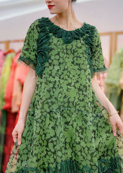 Organic Green Wrinkled Decorated Print Patchwork Tulle Dress Summer