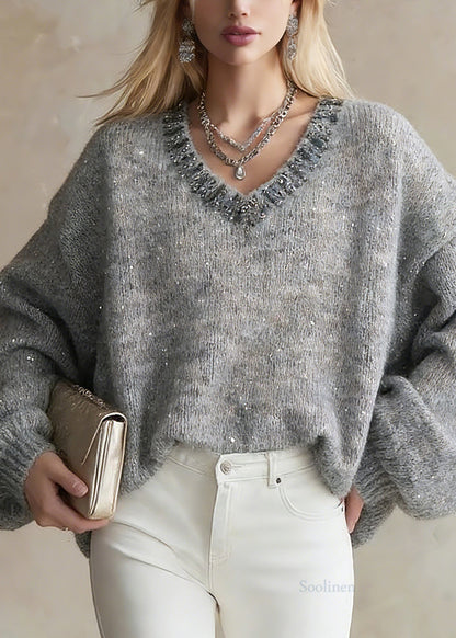 Organic Grey V Neck Zircon Cotton Knit Short Sweater Lantern Sleeve