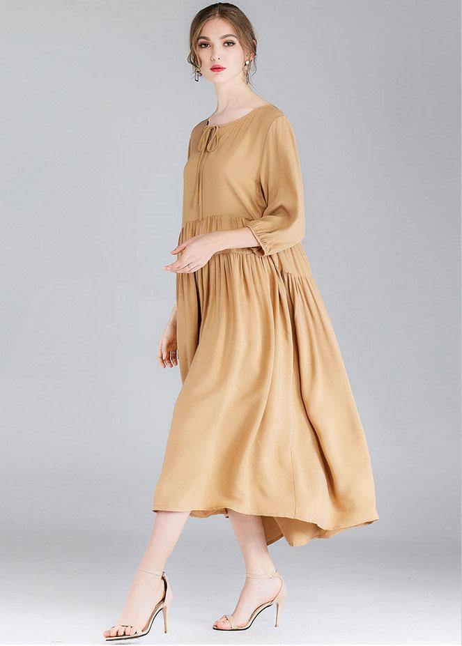 Organic Khaki Drawstring Low High Design Spring Holiday Dress Three Quarter Sleeve