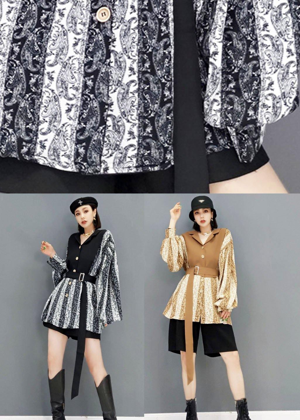 Organic Khaki Fall Patchwork Tie Waist Long Sleeve Top