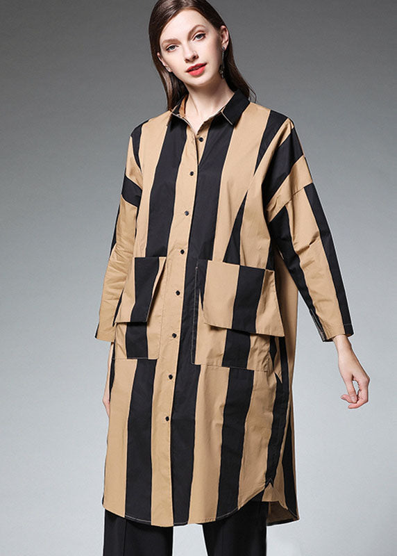 Organic Khaki Striped Peter Pan Collar Long Shirts