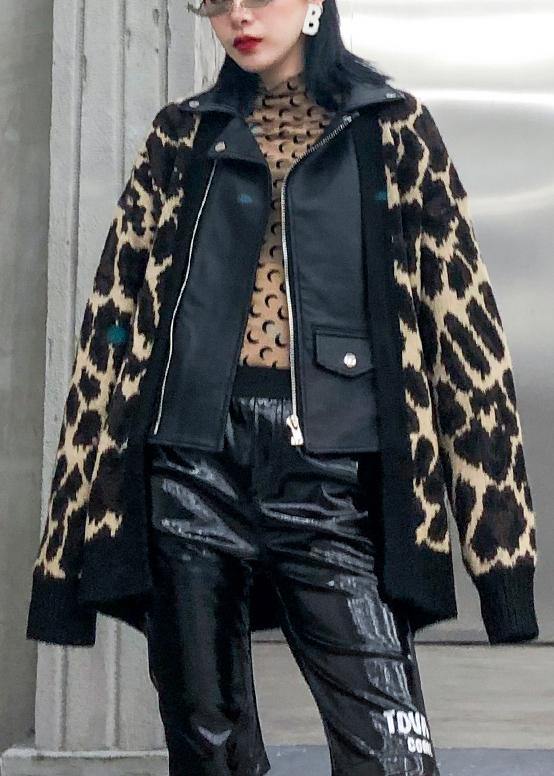 Organic Leopard Coats Cotton Lapel Zippered Outwear