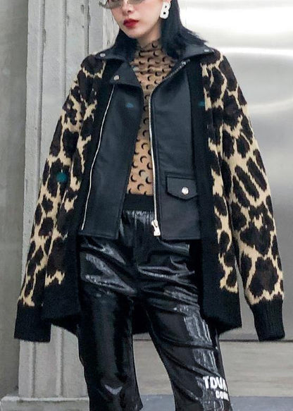 Organic Leopard Coats Cotton Lapel Zippered Outwear